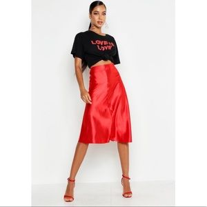 Red Satin Midi Skirt